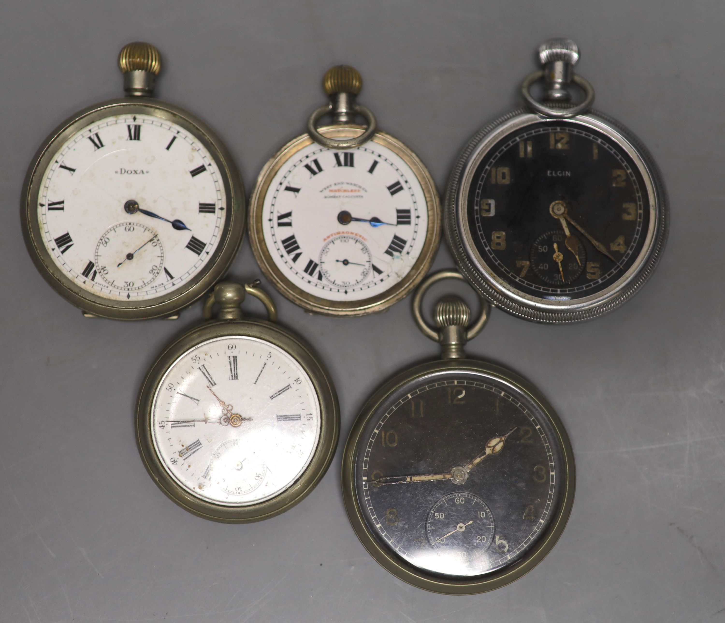 One white metal and four assorted base metal pocket watches, including Elgin & Doxa(a.f.).